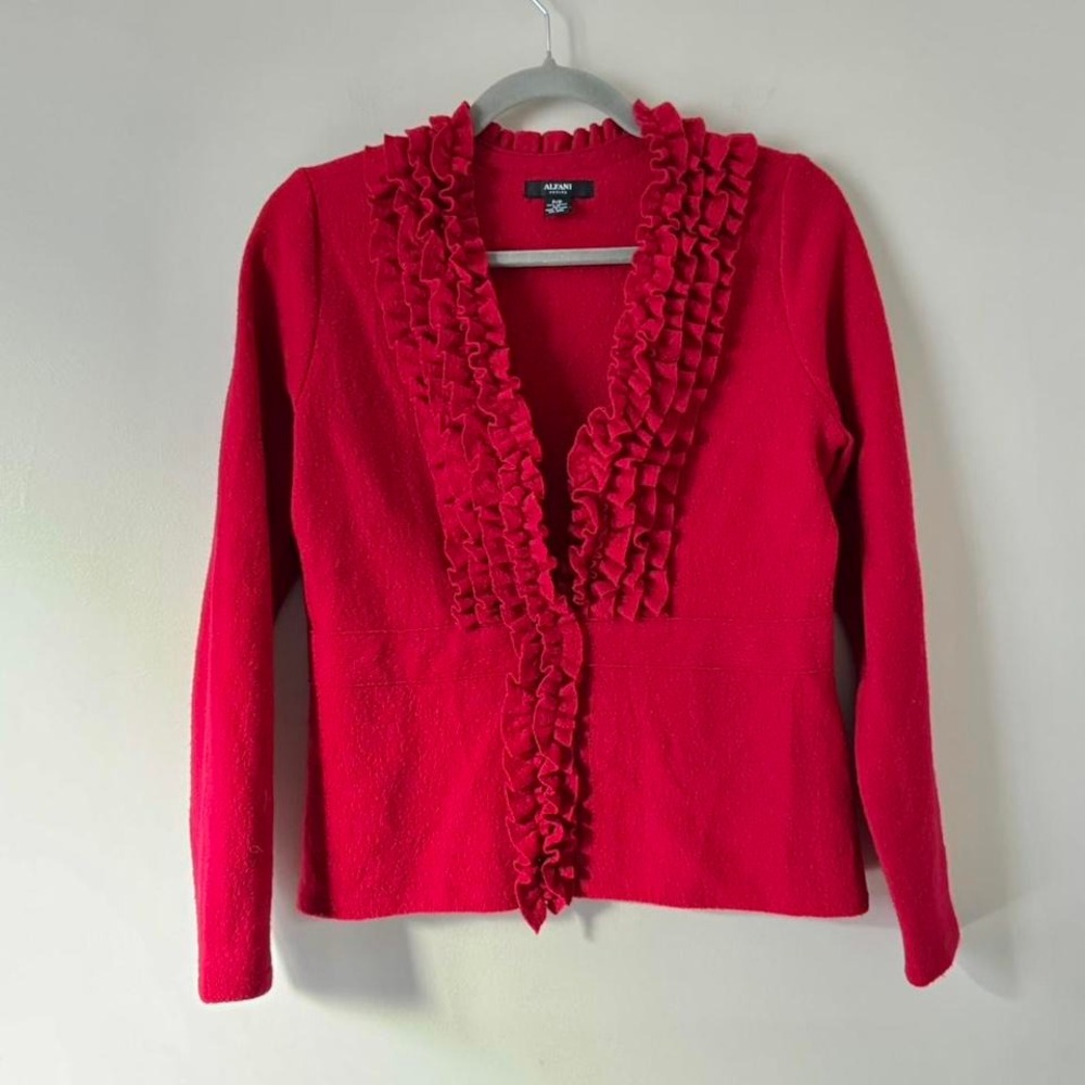 Red Ruffle 100% Merino Wool Blouse Cardigan Shacket Small